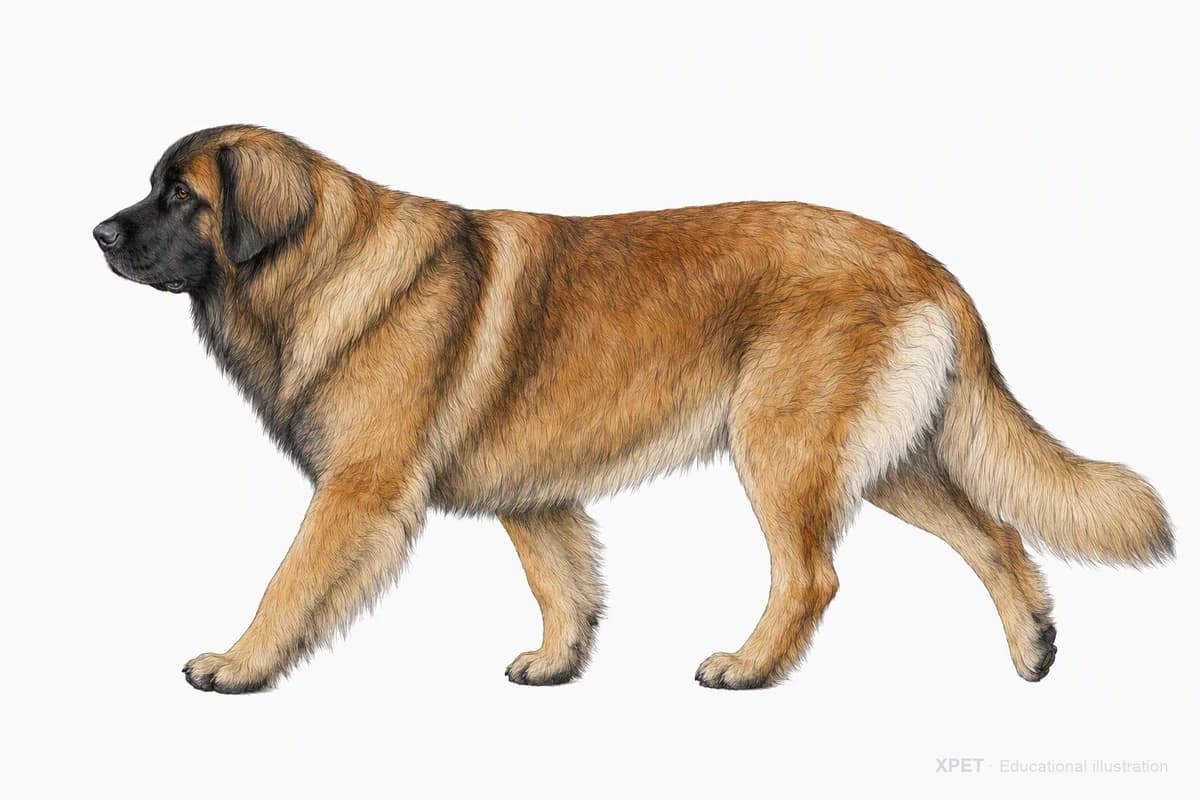Original XPET engraving and watercolor illustration of Leonberger: a natural movement study.