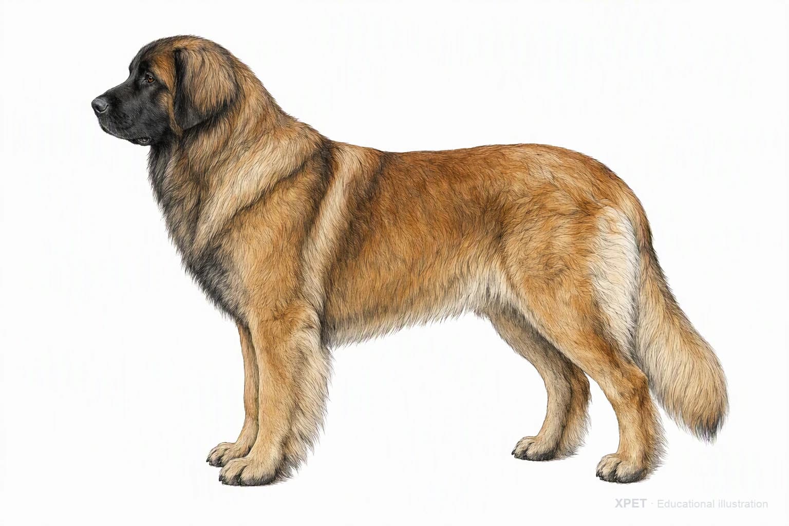 Original XPET engraving and watercolor illustration of Leonberger: an adult in left-facing profile.