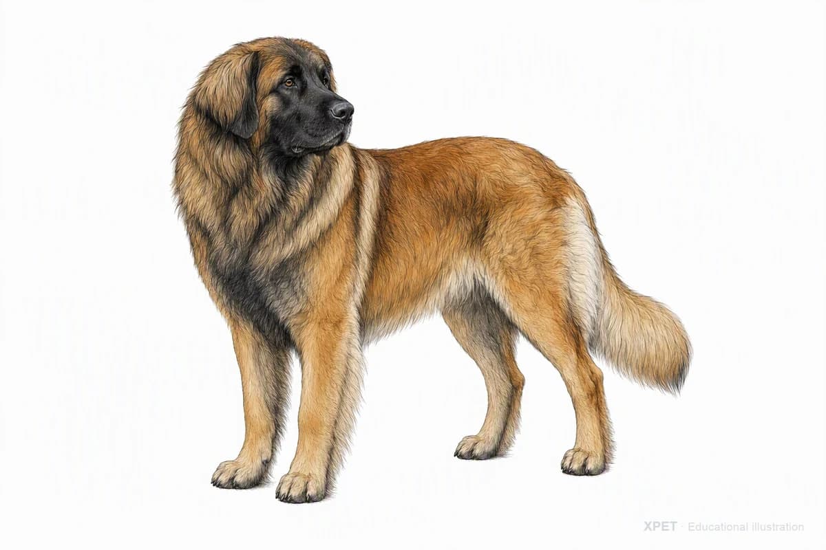 Original XPET engraving and watercolor illustration of Leonberger: a complete three-quarter standing view.