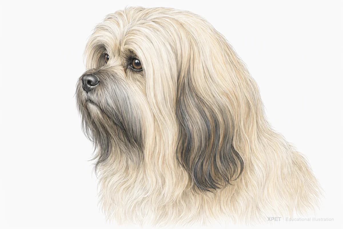Original XPET engraving and watercolor illustration of Lhasa Apso: a head and coat detail study.