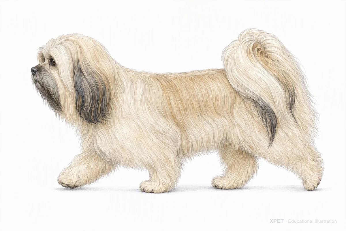 Original XPET engraving and watercolor illustration of Lhasa Apso: a natural movement study.