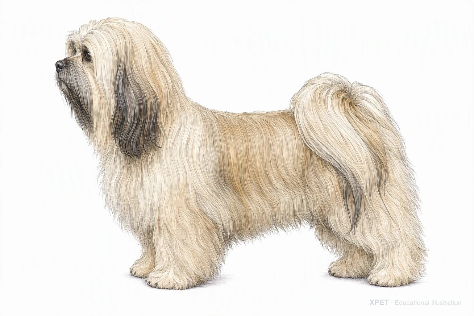 Original XPET engraving and watercolor illustration of Lhasa Apso: an adult in left-facing profile.