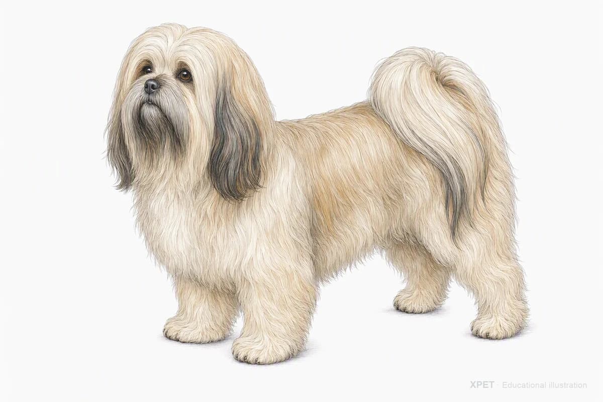 Original XPET engraving and watercolor illustration of Lhasa Apso: a complete three-quarter standing view.