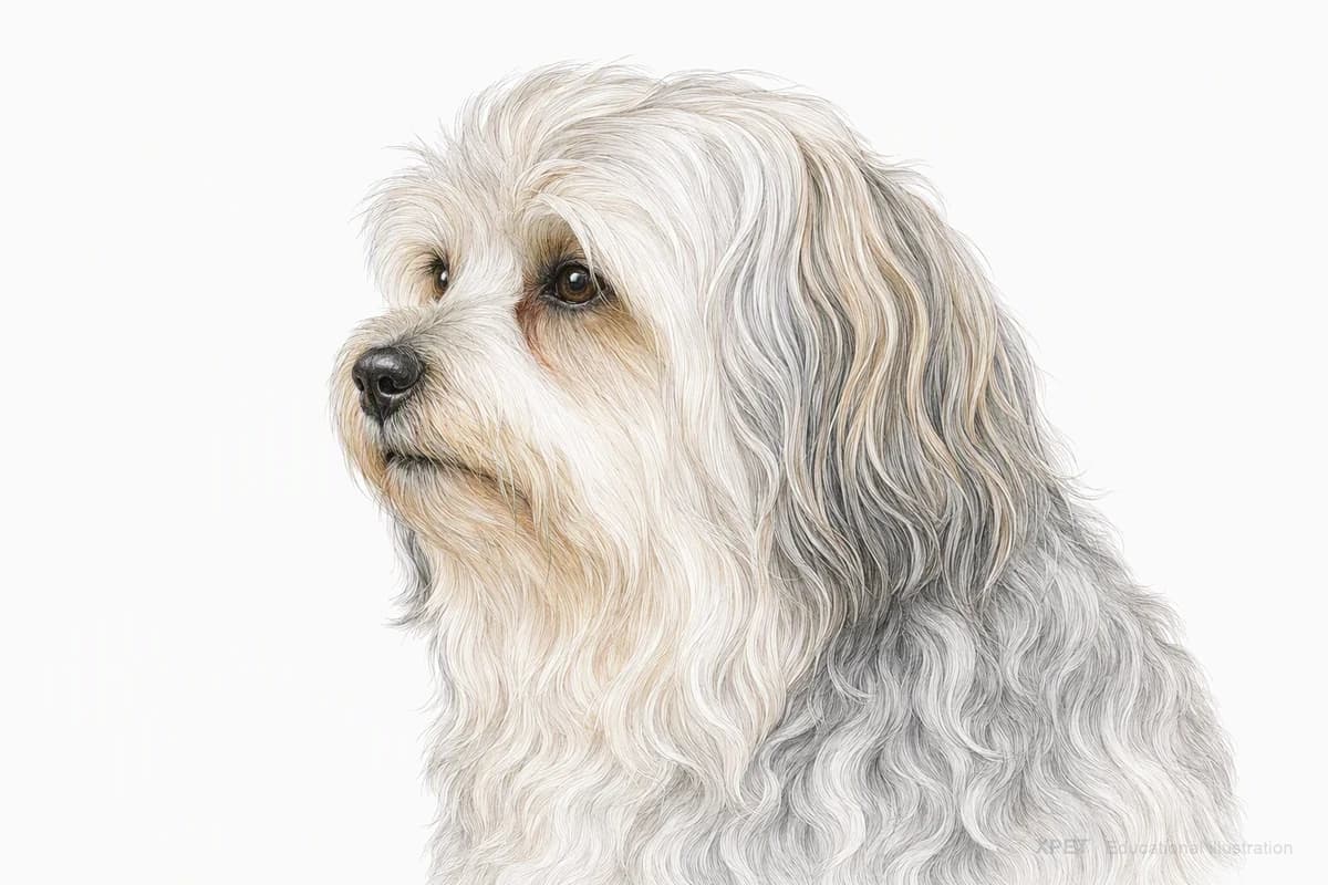Original XPET engraving and watercolor illustration of Lowchen: a head and coat detail study.