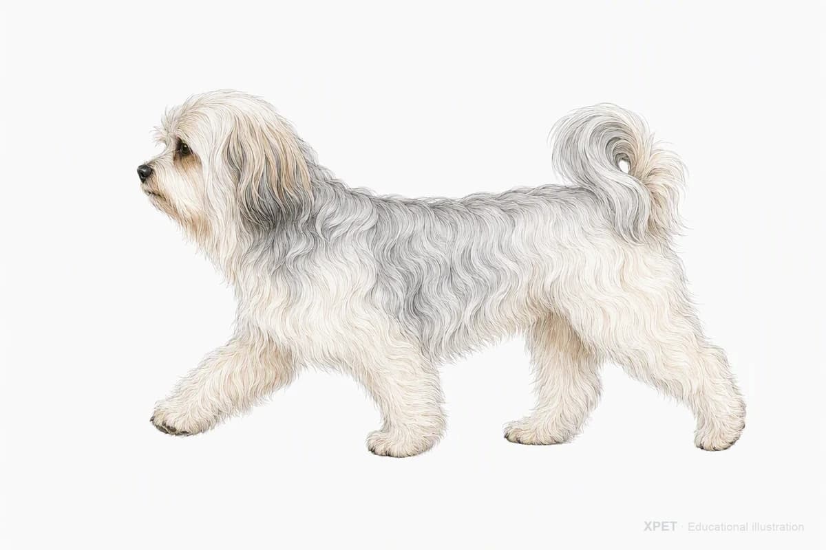 Original XPET engraving and watercolor illustration of Lowchen: a natural movement study.