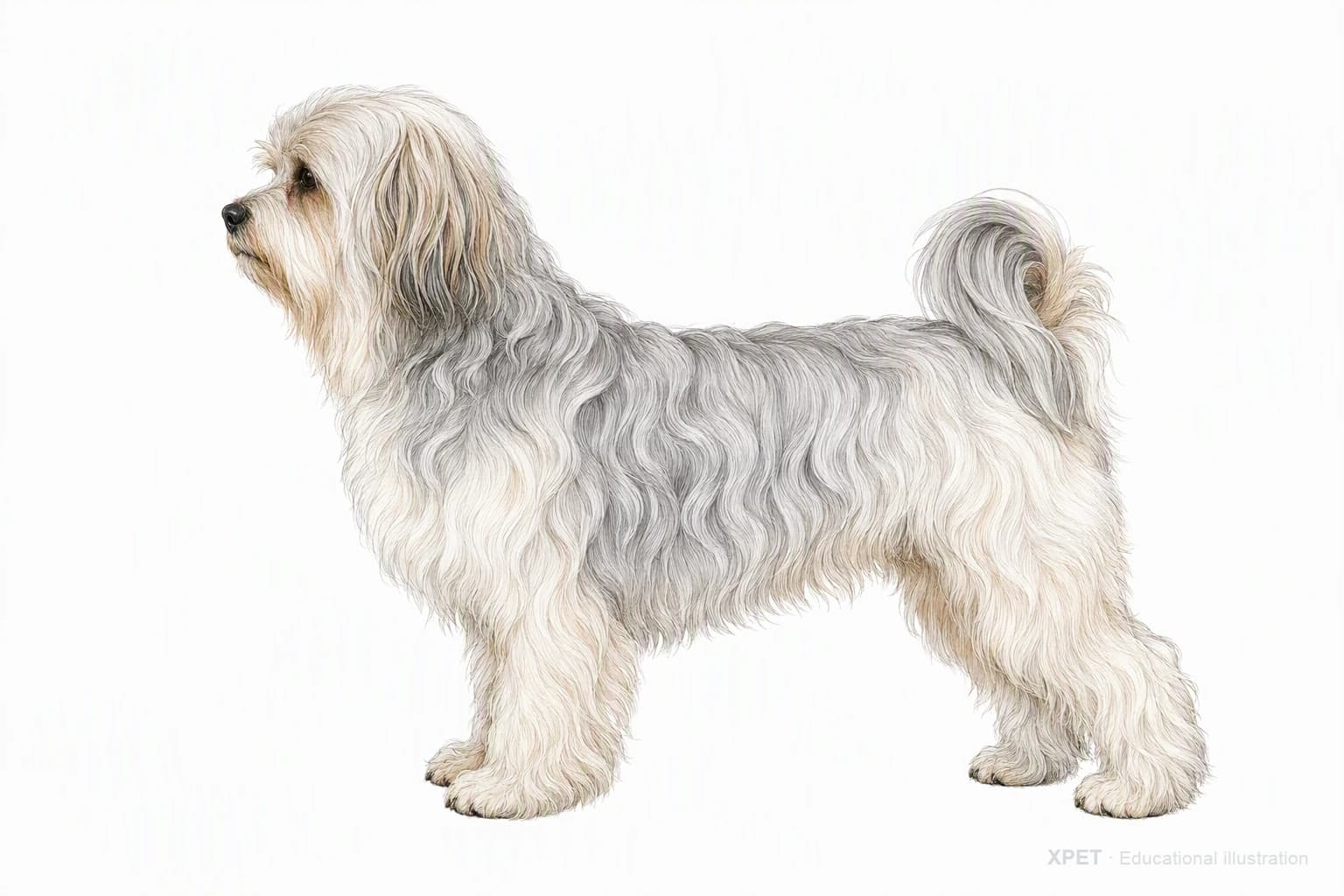 Original XPET engraving and watercolor illustration of Lowchen: an adult in left-facing profile.