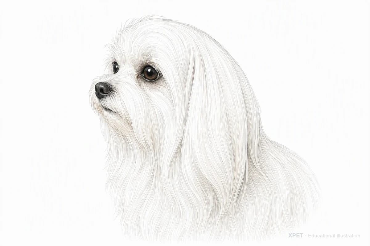 Original XPET engraving and watercolor illustration of Maltese: a head and coat detail study.