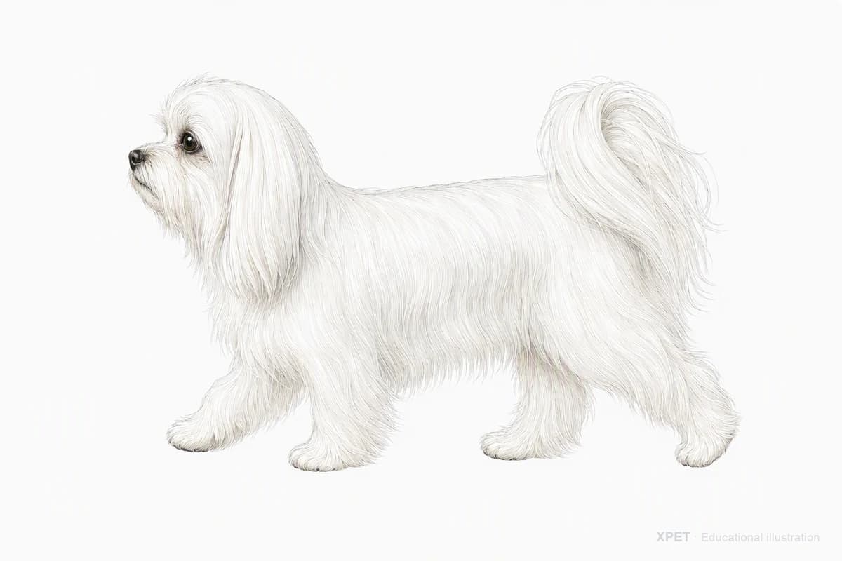 Original XPET engraving and watercolor illustration of Maltese: a natural movement study.