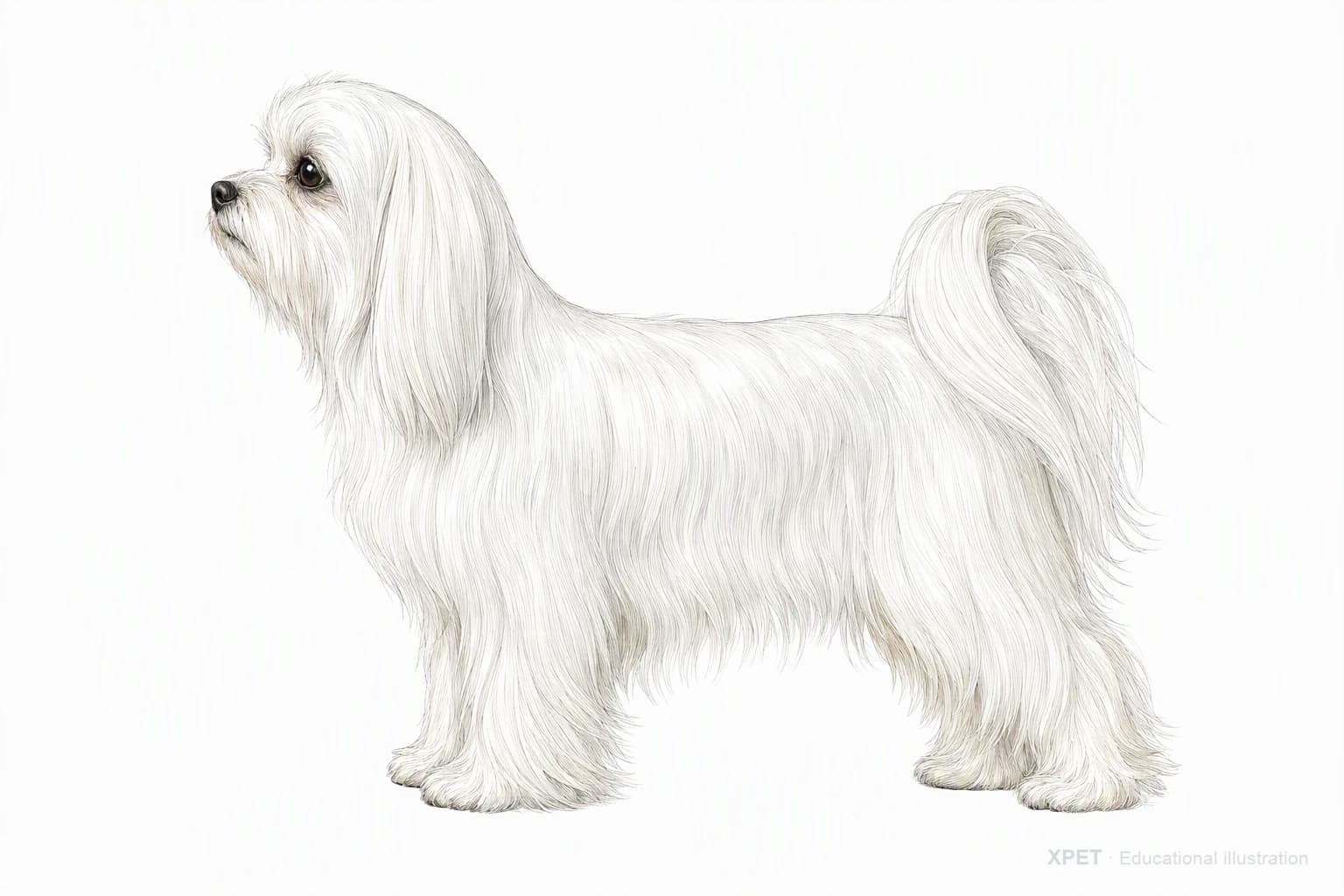 Original XPET engraving and watercolor illustration of Maltese: an adult in left-facing profile.