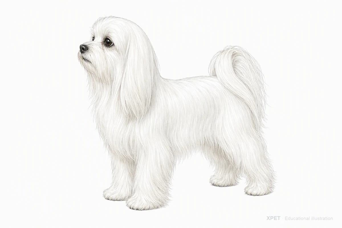 Original XPET engraving and watercolor illustration of Maltese: a complete three-quarter standing view.