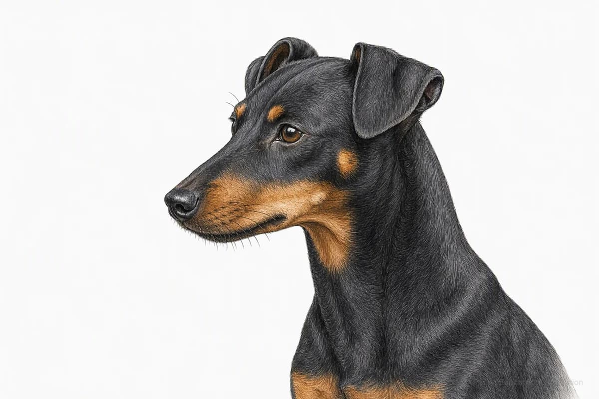 Original XPET engraving and watercolor illustration of Manchester Terrier: a head and coat detail study.