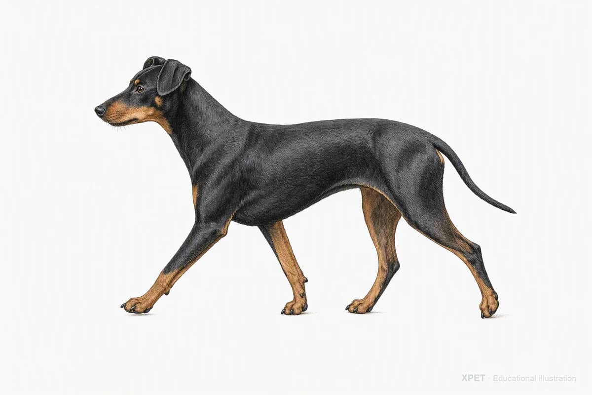 Original XPET engraving and watercolor illustration of Manchester Terrier: a natural movement study.