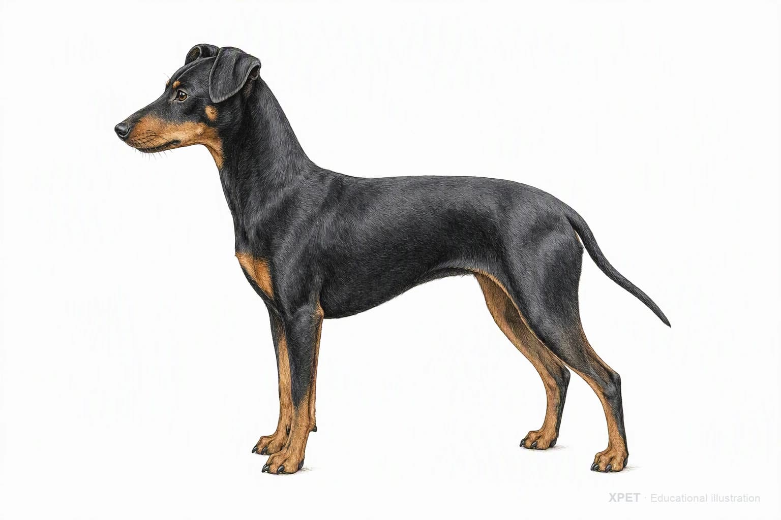 Original XPET engraving and watercolor illustration of Manchester Terrier: an adult in left-facing profile.
