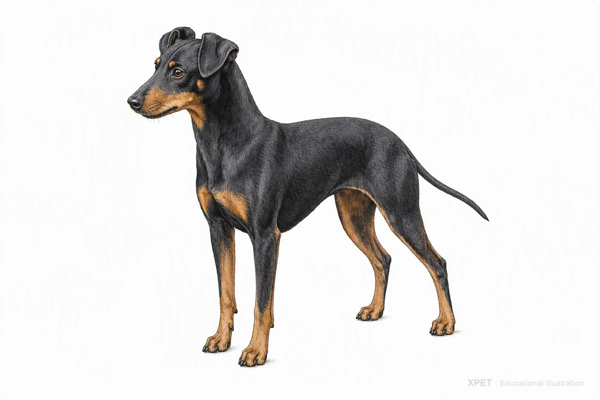 Original XPET engraving and watercolor illustration of Manchester Terrier: a complete three-quarter standing view.