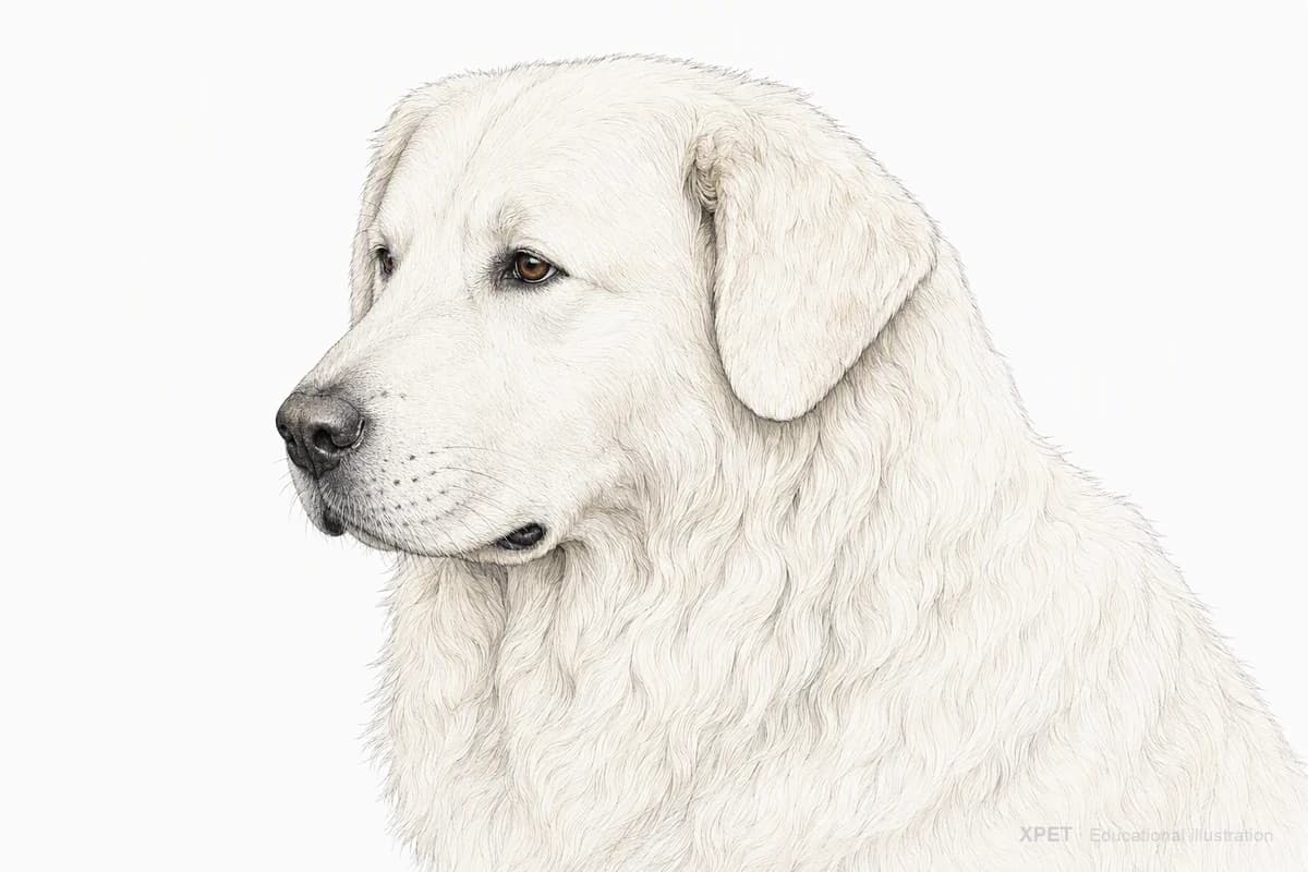 Original XPET engraving and watercolor illustration of Maremma Sheepdog: a head and coat detail study.