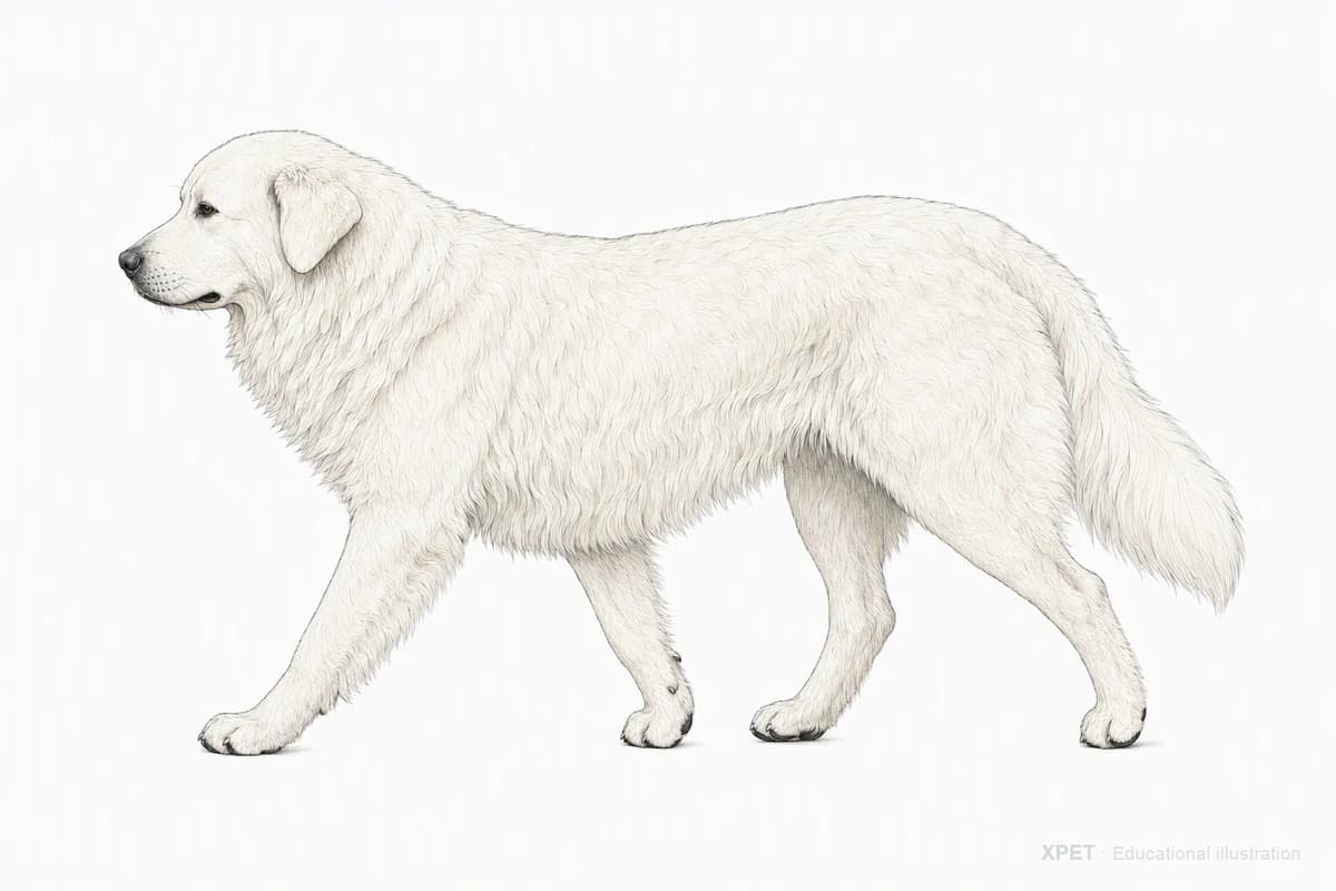 Original XPET engraving and watercolor illustration of Maremma Sheepdog: a natural movement study.