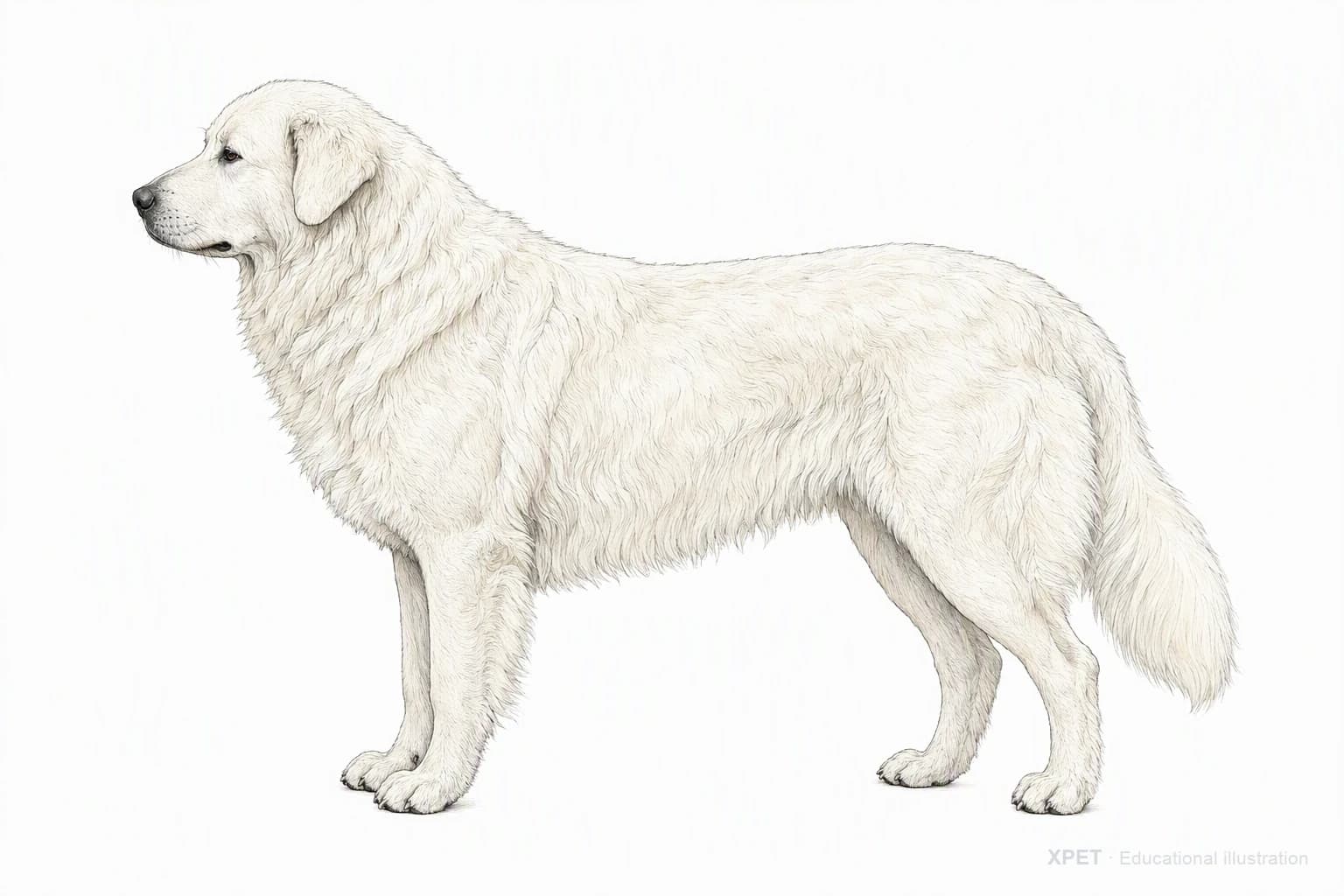 Original XPET engraving and watercolor illustration of Maremma Sheepdog: an adult in left-facing profile.