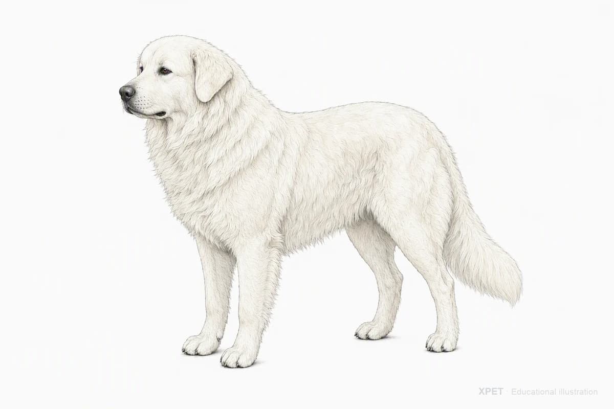 Original XPET engraving and watercolor illustration of Maremma Sheepdog: a complete three-quarter standing view.