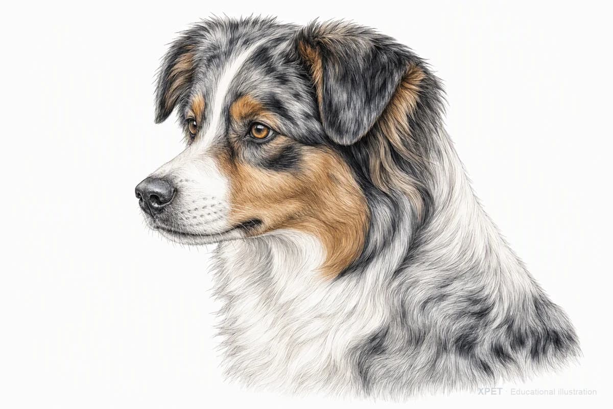 Original XPET engraving and watercolor illustration of Miniature American Shepherd: a head and coat detail study.