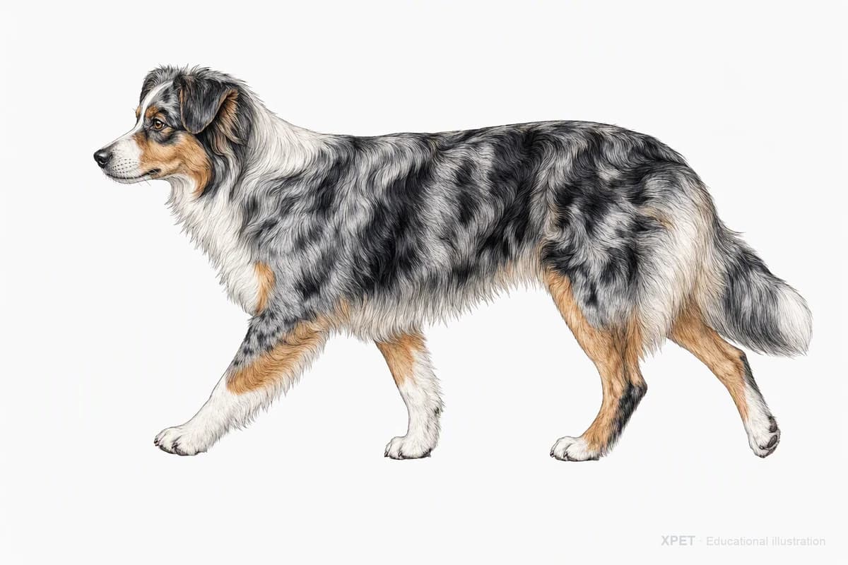 Original XPET engraving and watercolor illustration of Miniature American Shepherd: a natural movement study.