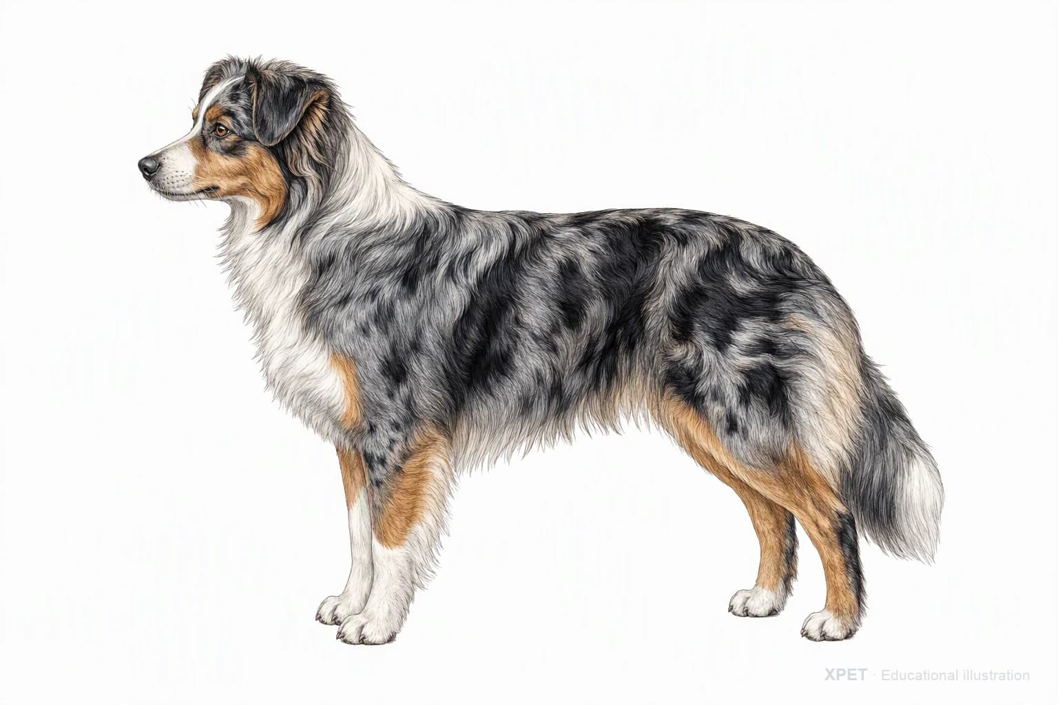 Original XPET engraving and watercolor illustration of Miniature American Shepherd: an adult in left-facing profile.