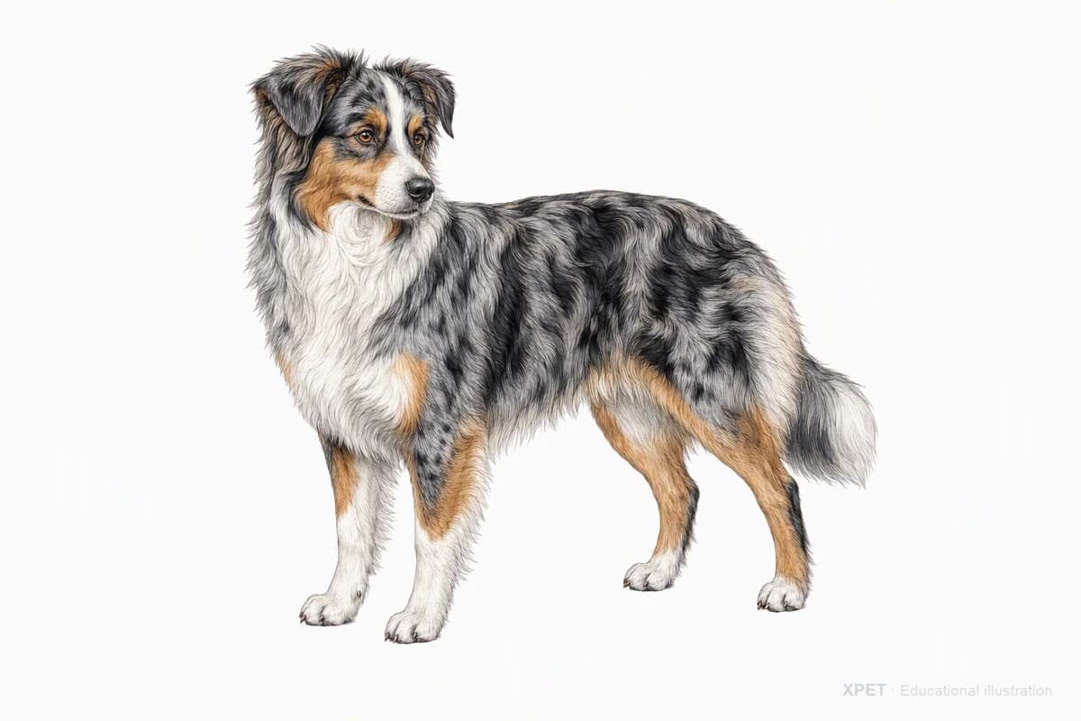 Original XPET engraving and watercolor illustration of Miniature American Shepherd: a complete three-quarter standing view.