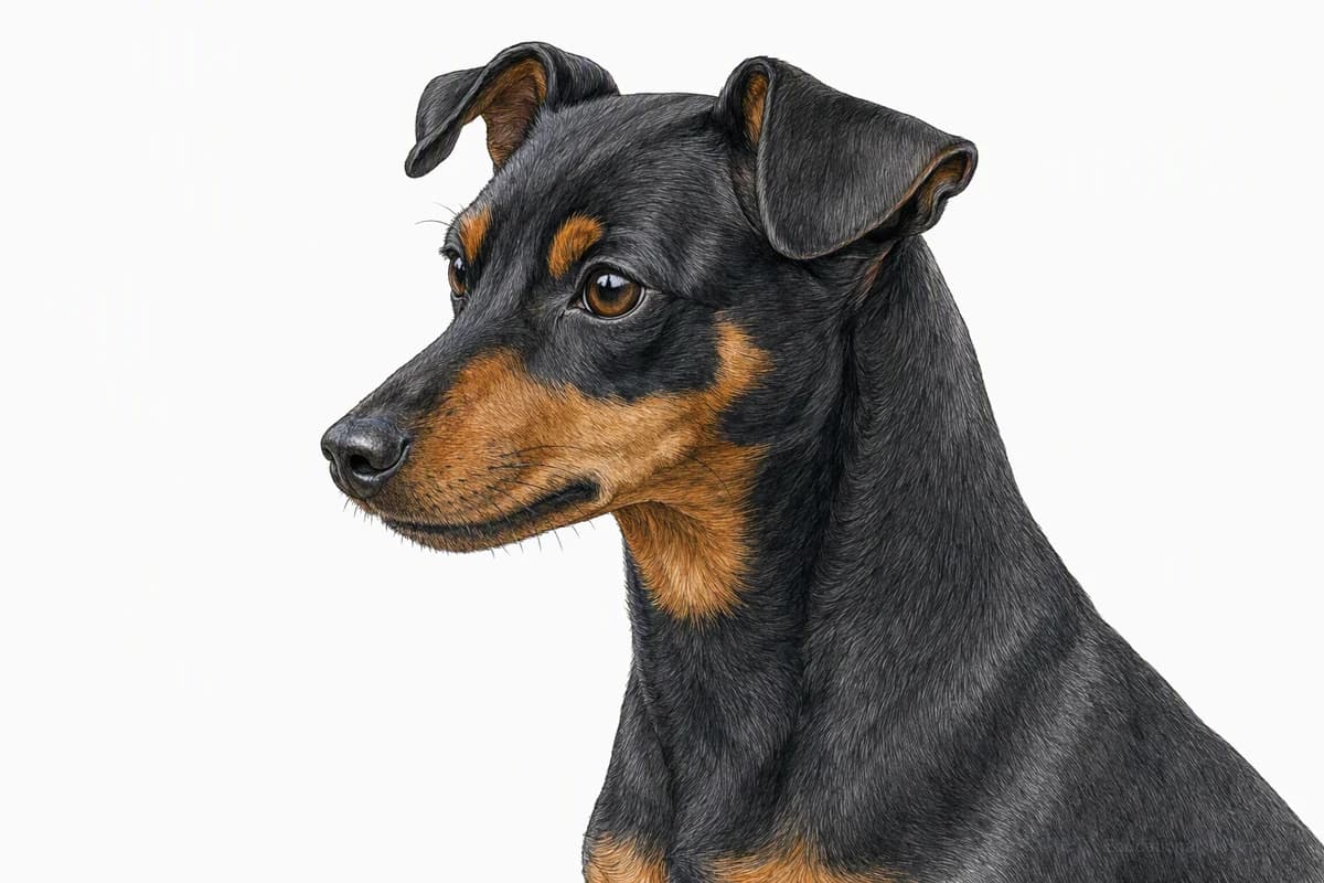 Original XPET engraving and watercolor illustration of Miniature Pinscher: a head and coat detail study.