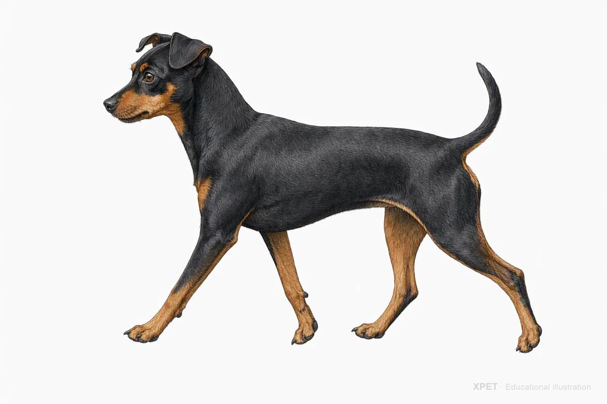Original XPET engraving and watercolor illustration of Miniature Pinscher: a natural movement study.