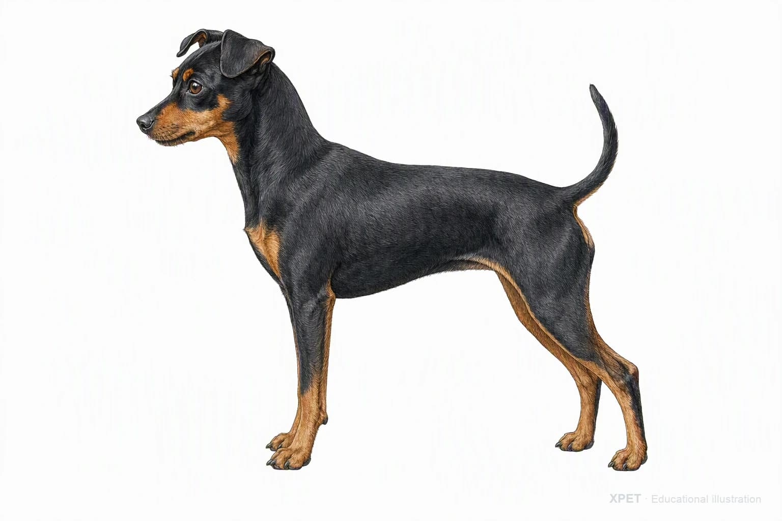 Original XPET engraving and watercolor illustration of Miniature Pinscher: an adult in left-facing profile.