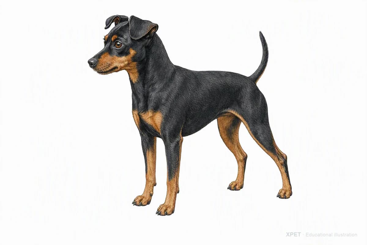 Original XPET engraving and watercolor illustration of Miniature Pinscher: a complete three-quarter standing view.