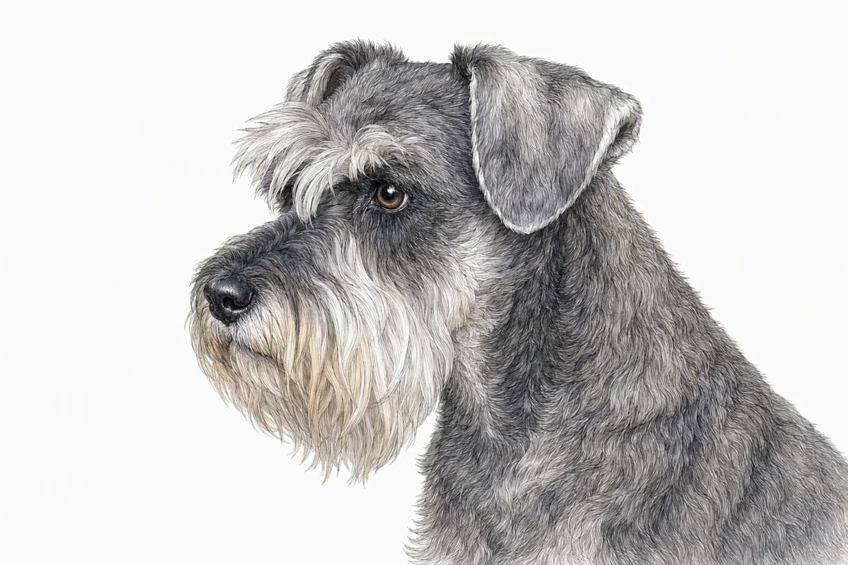Original XPET engraving and watercolor illustration of Miniature Schnauzer: a head and coat detail study.
