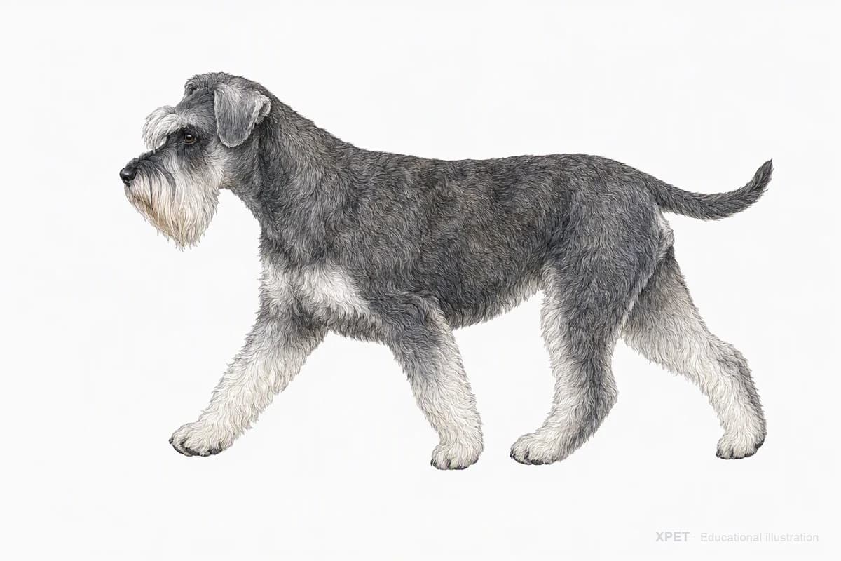 Original XPET engraving and watercolor illustration of Miniature Schnauzer: a natural movement study.
