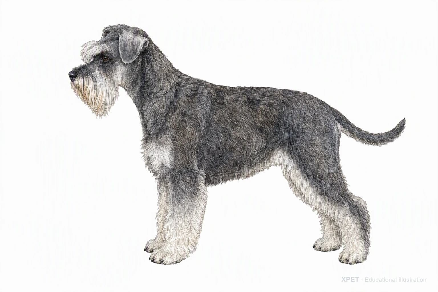 Original XPET engraving and watercolor illustration of Miniature Schnauzer: an adult in left-facing profile.