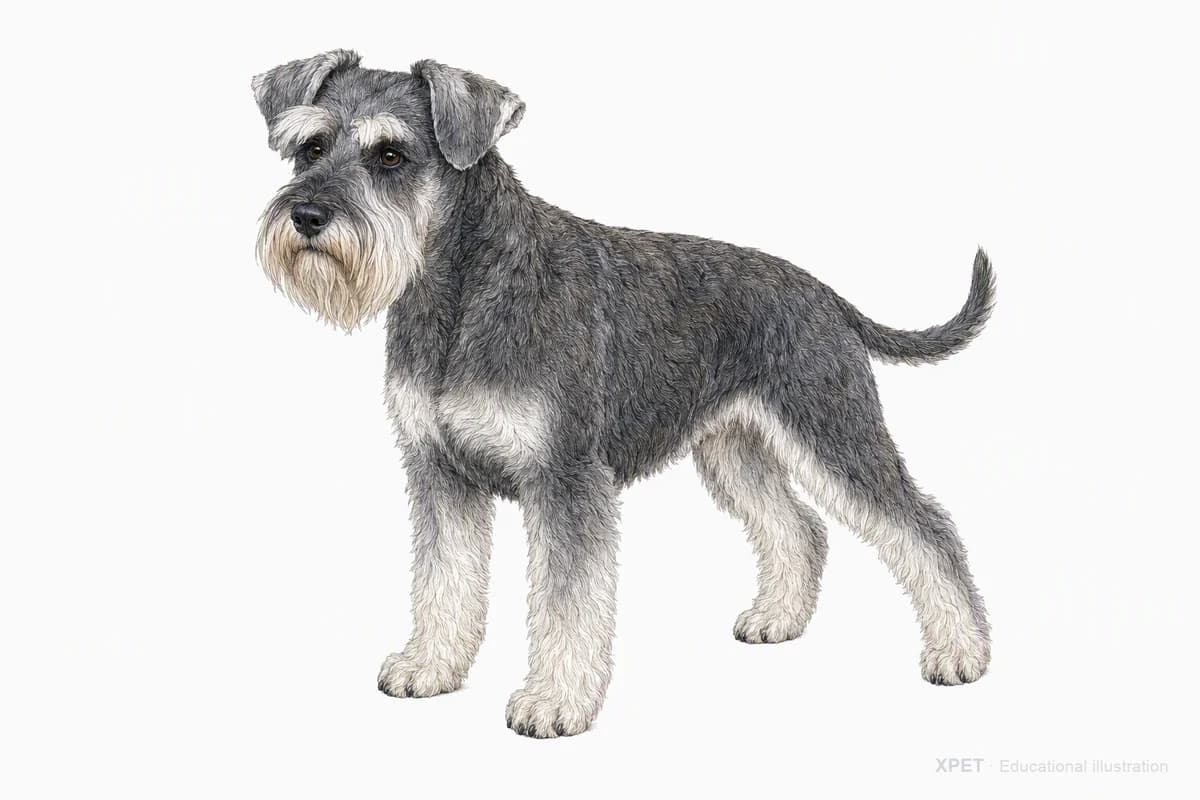 Original XPET engraving and watercolor illustration of Miniature Schnauzer: a complete three-quarter standing view.