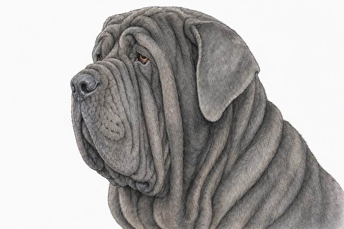 Original XPET engraving and watercolor illustration of Neapolitan Mastiff: a head and coat detail study.