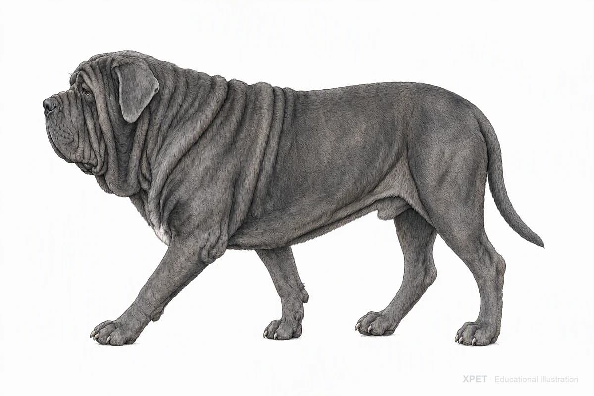 Original XPET engraving and watercolor illustration of Neapolitan Mastiff: a natural movement study.