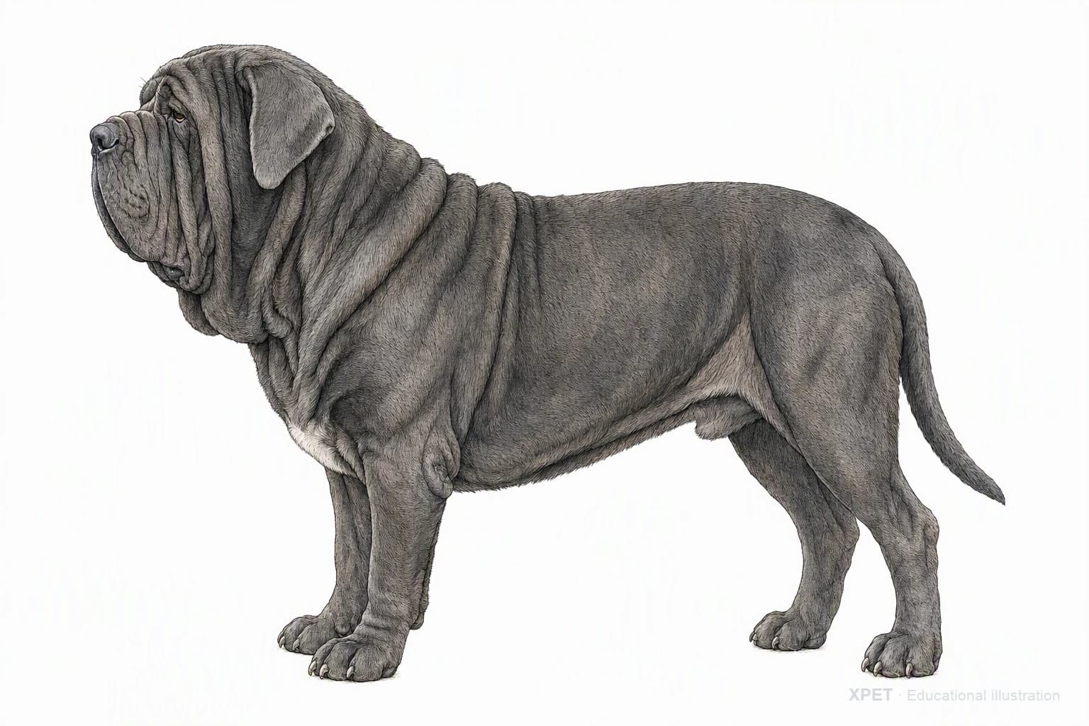 Original XPET engraving and watercolor illustration of Neapolitan Mastiff: an adult in left-facing profile.