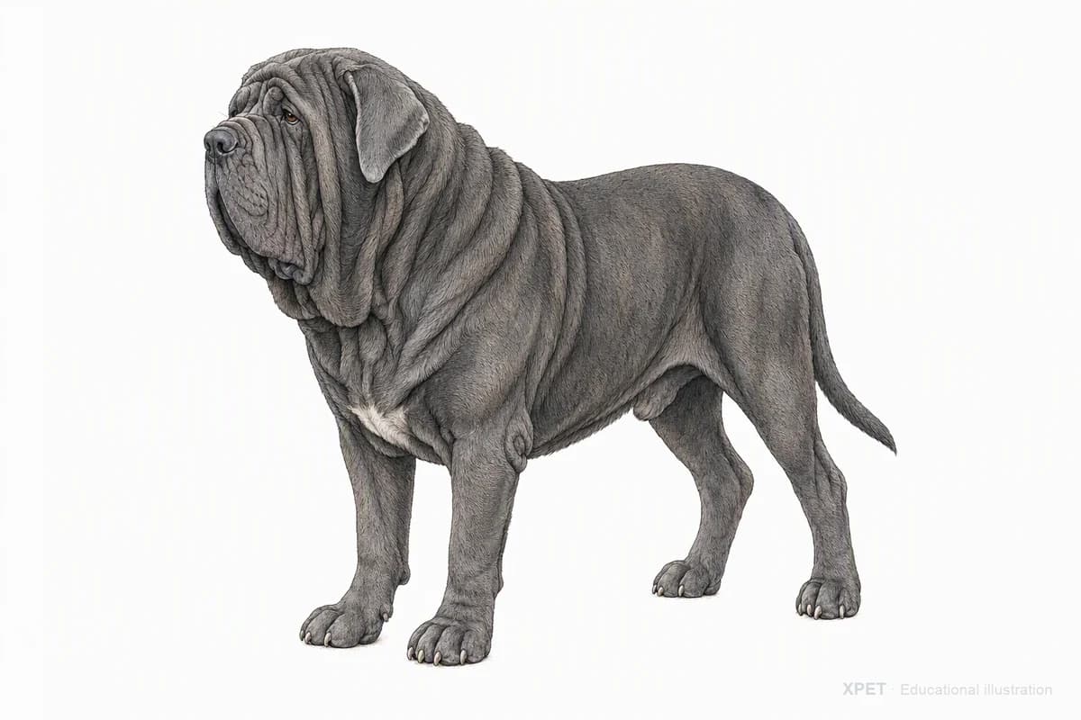 Original XPET engraving and watercolor illustration of Neapolitan Mastiff: a complete three-quarter standing view.