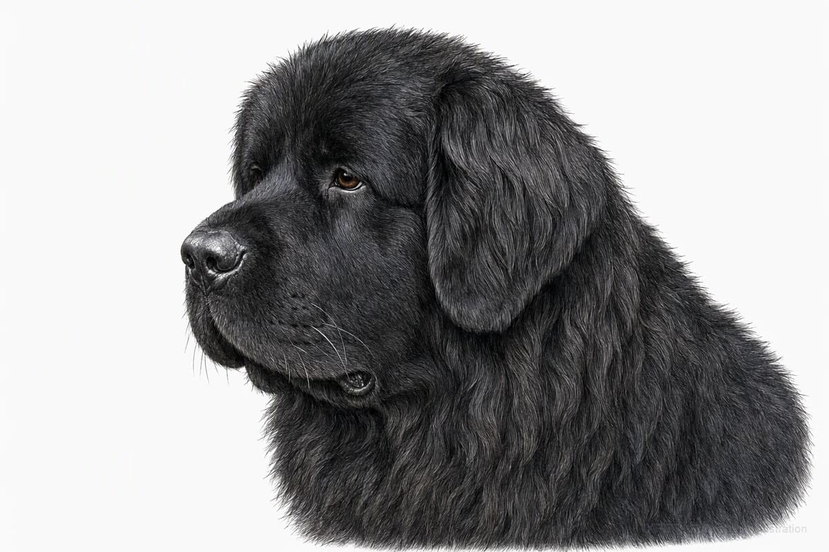 Original XPET engraving and watercolor illustration of Newfoundland: a head and coat detail study.