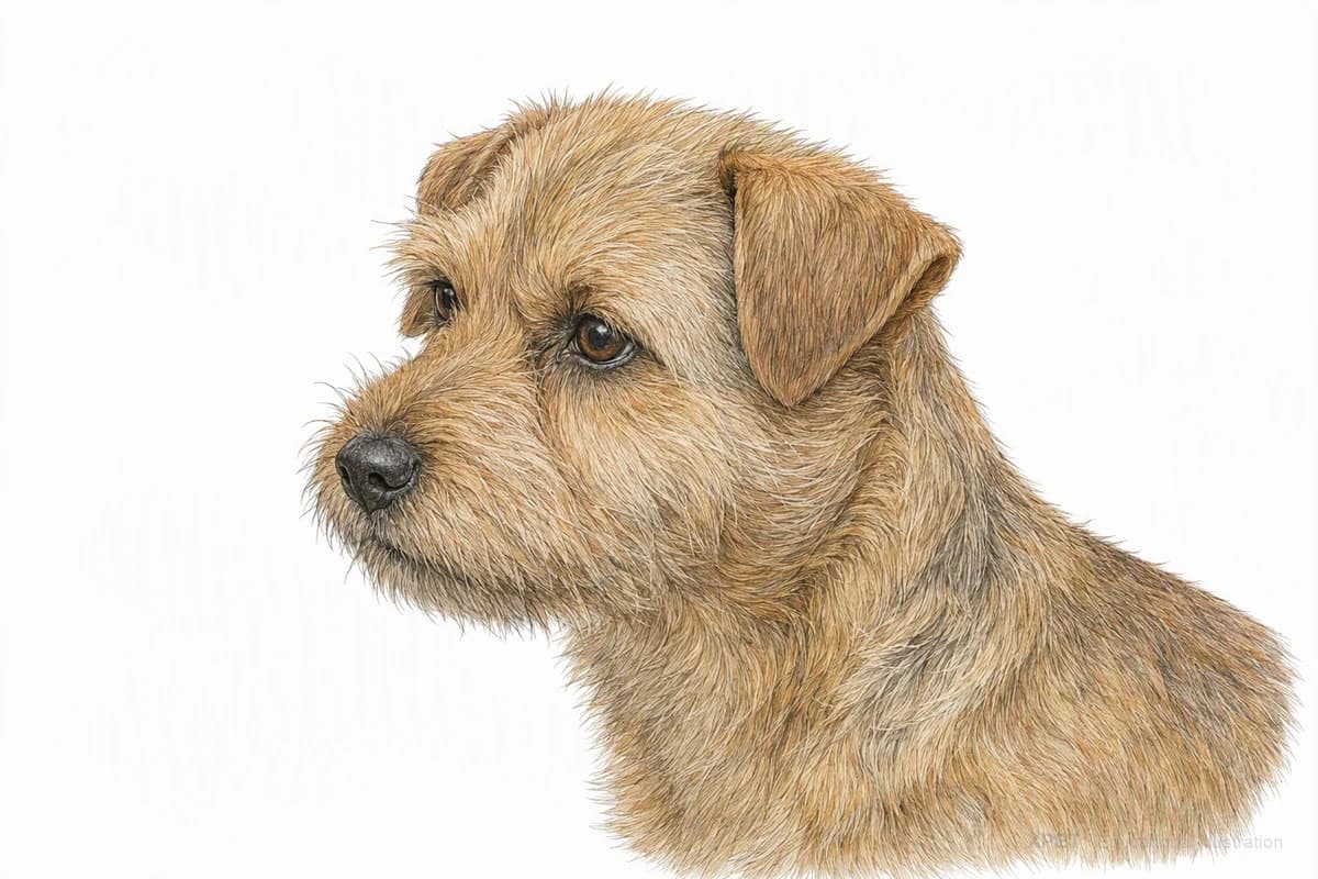 Original XPET engraving and watercolor illustration of Norfolk Terrier: a head and coat detail study.