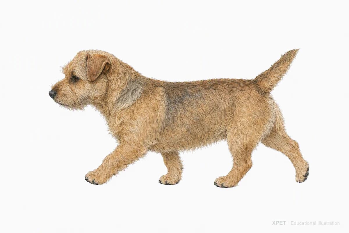 Original XPET engraving and watercolor illustration of Norfolk Terrier: a natural movement study.