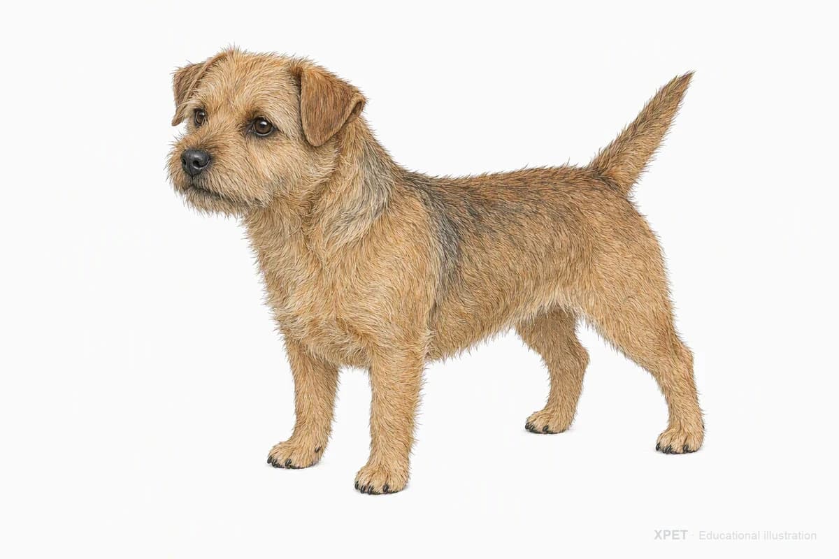 Original XPET engraving and watercolor illustration of Norfolk Terrier: a complete three-quarter standing view.
