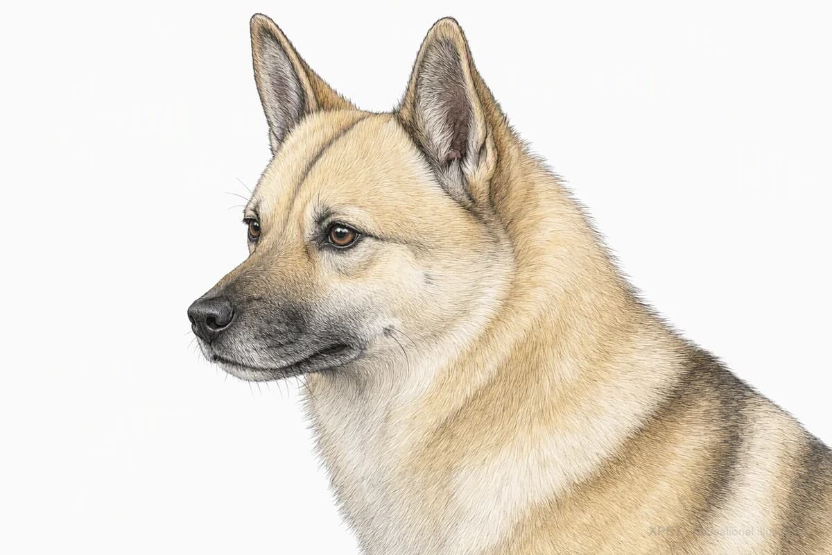 Original XPET engraving and watercolor illustration of Norwegian Buhund: a head and coat detail study.