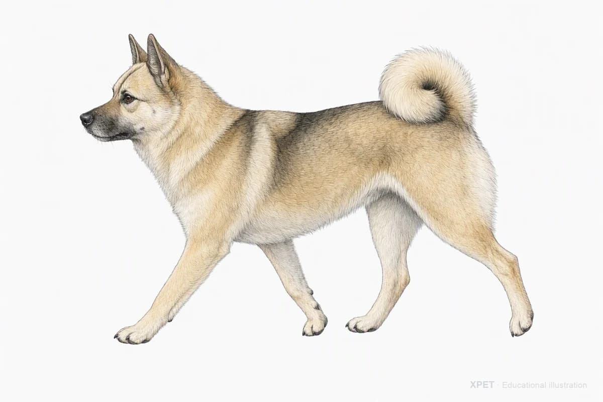 Original XPET engraving and watercolor illustration of Norwegian Buhund: a natural movement study.