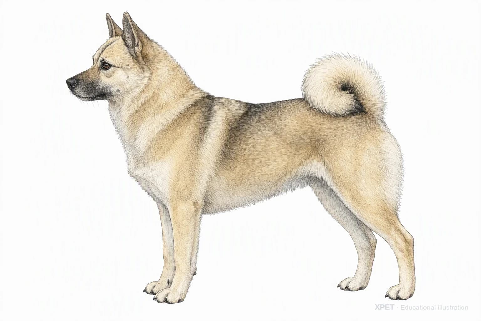 Original XPET engraving and watercolor illustration of Norwegian Buhund: an adult in left-facing profile.