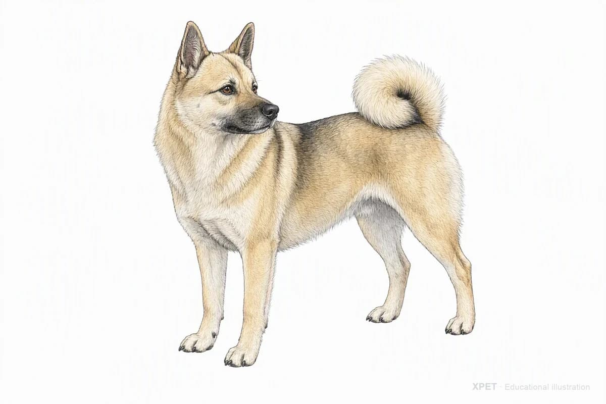 Original XPET engraving and watercolor illustration of Norwegian Buhund: a complete three-quarter standing view.