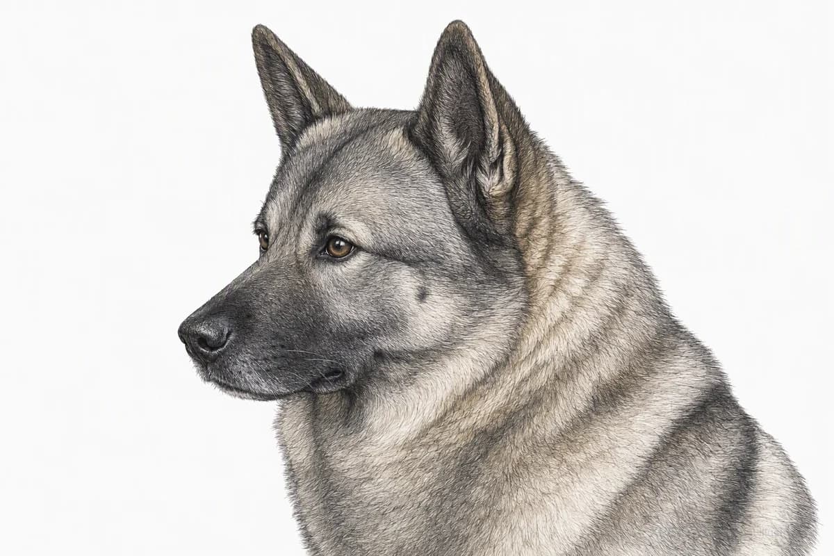 Original XPET engraving and watercolor illustration of Norwegian Elkhound: a head and coat detail study.