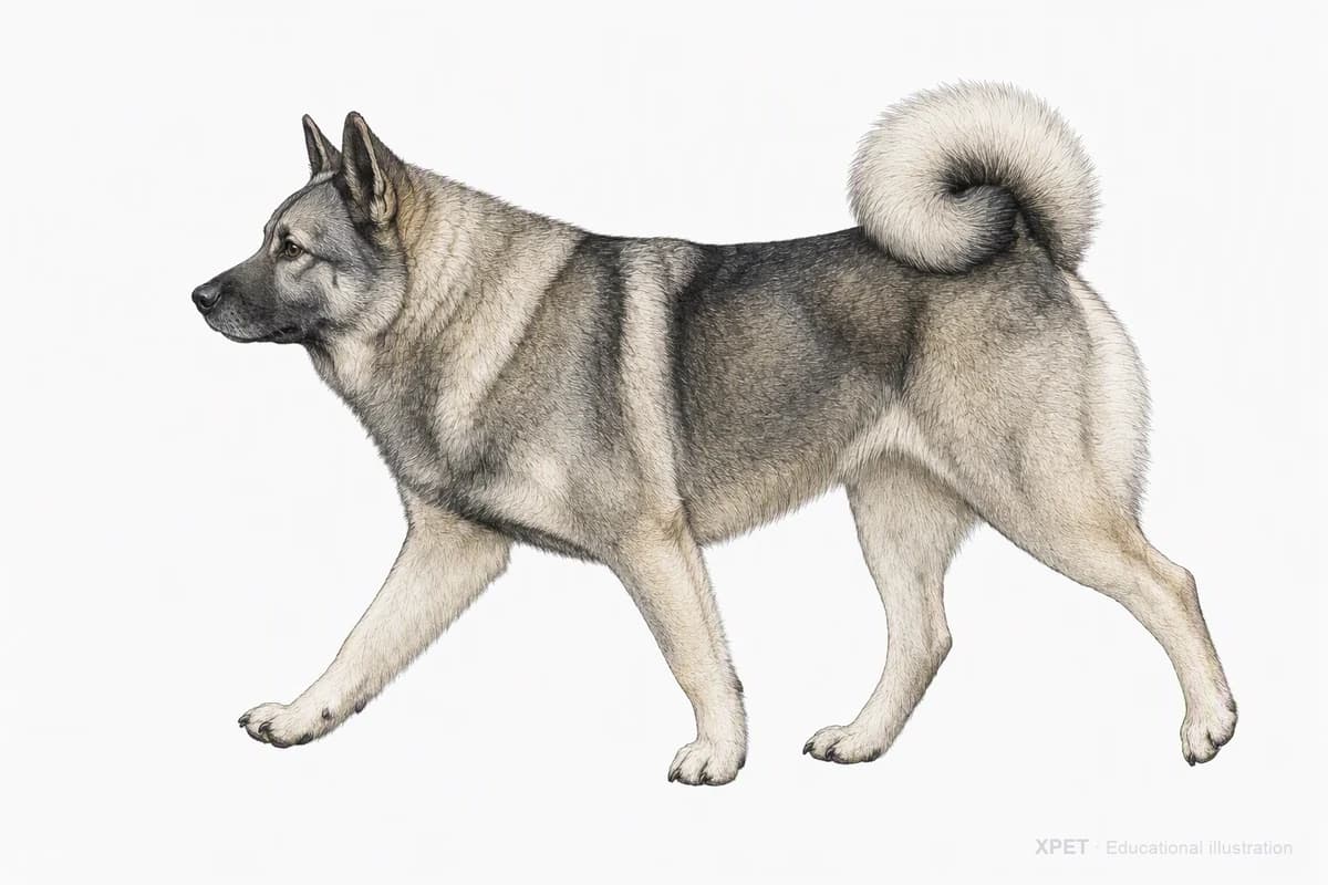 Original XPET engraving and watercolor illustration of Norwegian Elkhound: a natural movement study.
