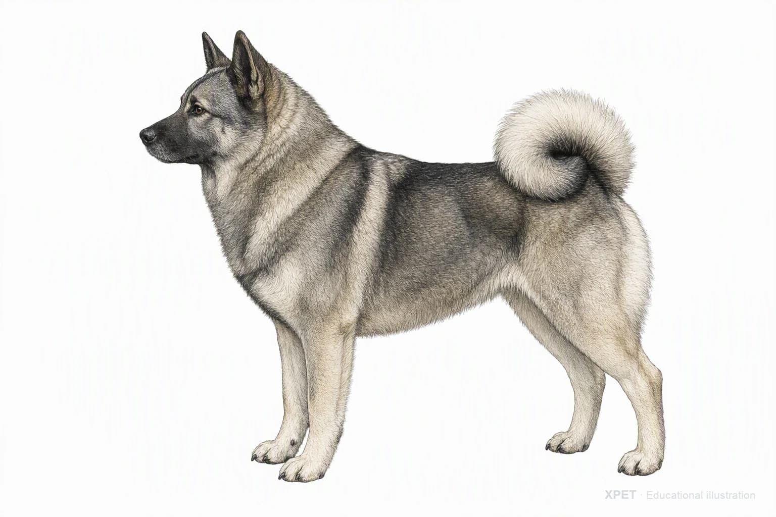 Original XPET engraving and watercolor illustration of Norwegian Elkhound: an adult in left-facing profile.