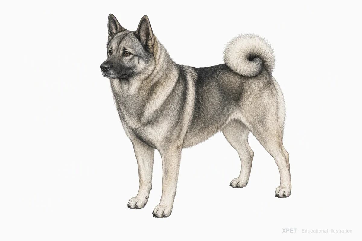 Original XPET engraving and watercolor illustration of Norwegian Elkhound: a complete three-quarter standing view.